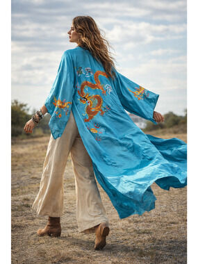 Vintage 1950s Flying Horse Hand Embroidered Silk Dragon Robe Small